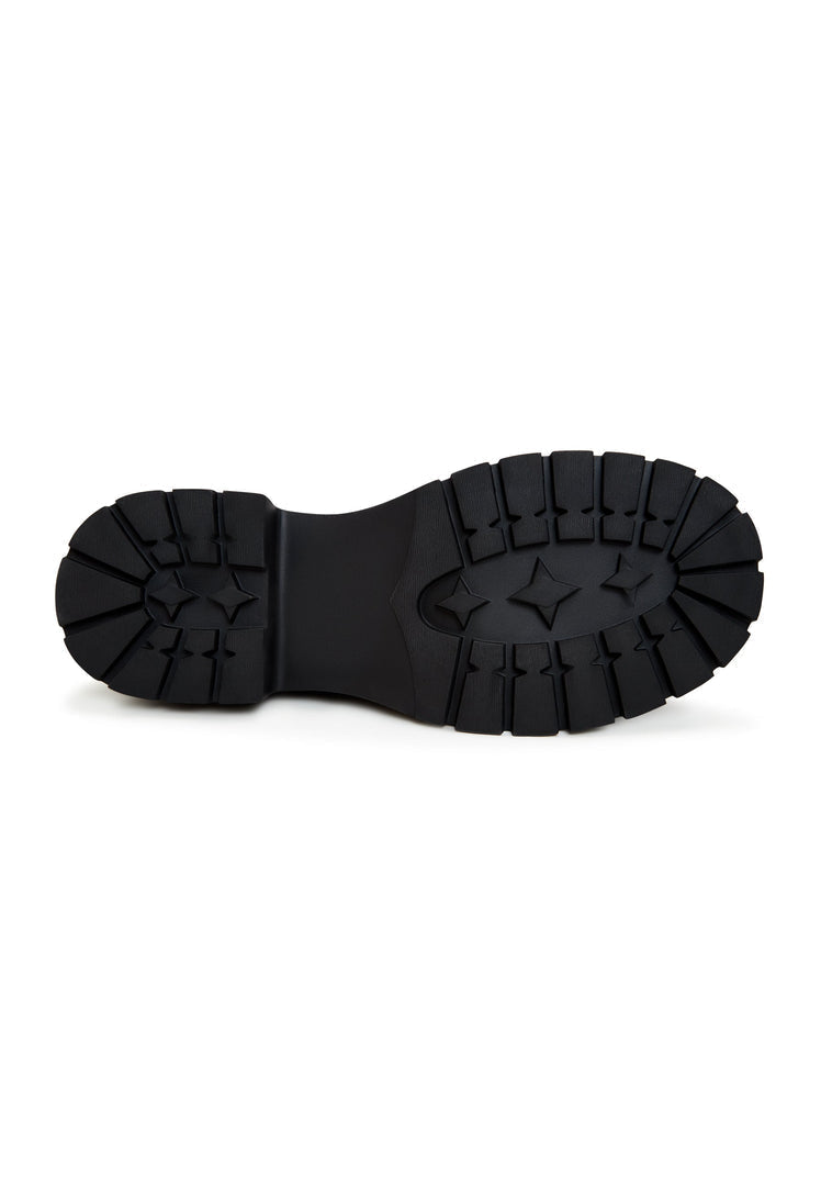 A stylish pair of black leather platform loafers, perfect for any woman's wardrobe.