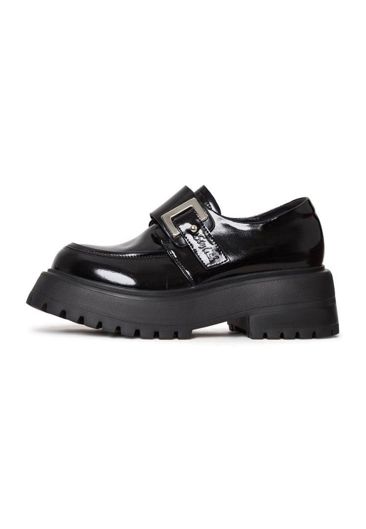 A stylish pair of black leather loafers, perfect for both men and women.