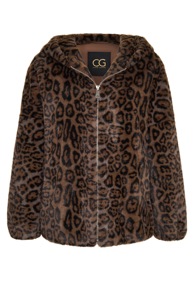 A trendy women's faux fur outerwear: the stylish hooded leopard Reyna jacket.