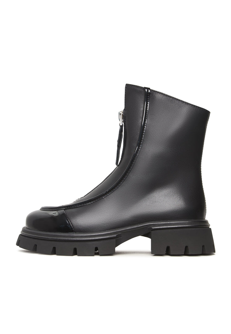 A stylish pair of black chunky zipper ankle boots, perfect for adding a touch of edge to any outfit.