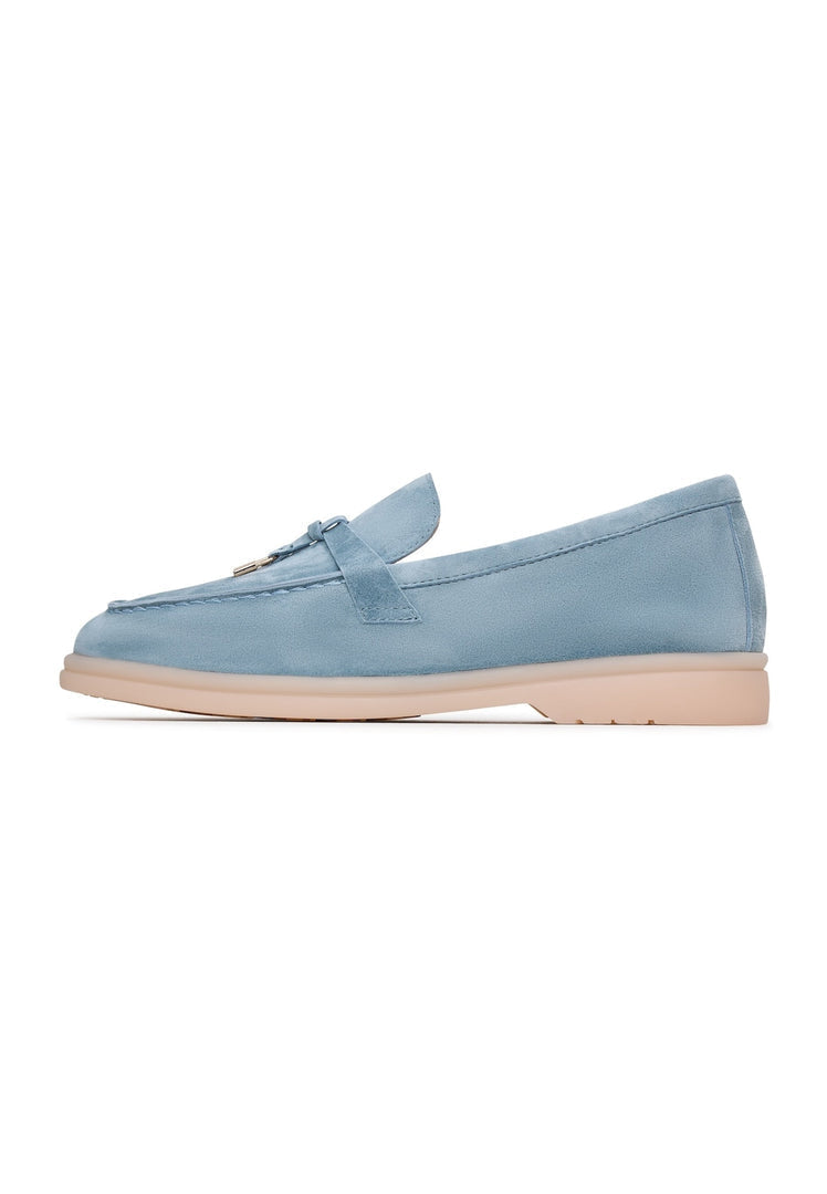 A pair of stylish blue Aurelia platform moccasins for women, perfect for stepping out in style.