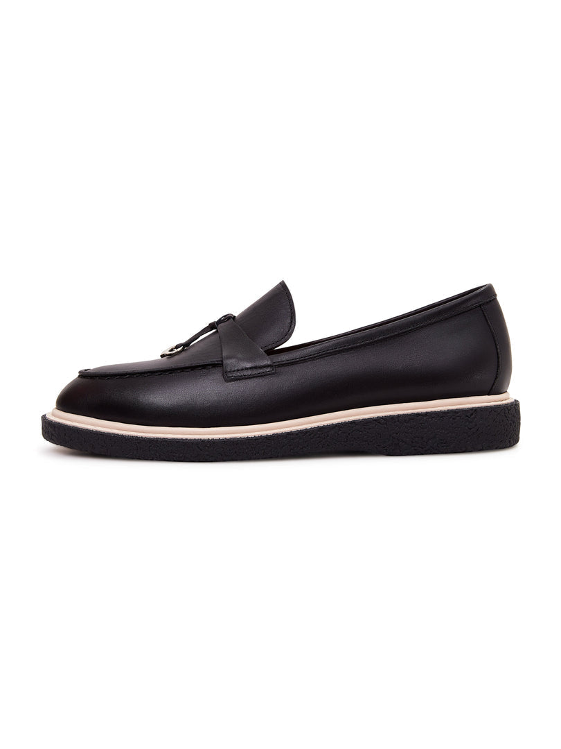 A classy pair of black leather slip-on loafers for men, perfect for any occasion.