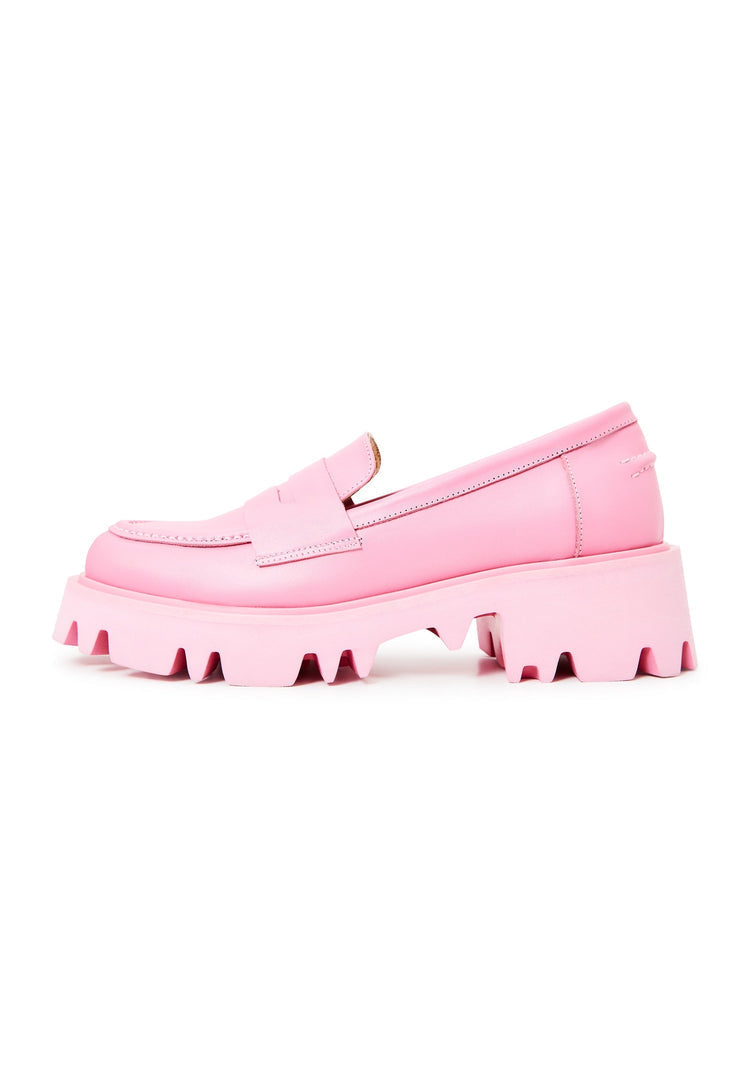 A pair of trendy chunky platform loafers in pink, perfect for women's footwear fashion enthusiasts.