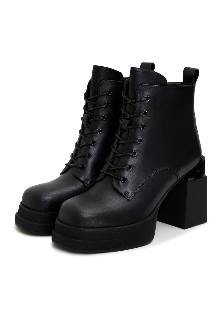 A stylish pair of leather ankle boots with a sleek block heel design, perfect for adding a touch of sophistication to any outfit.