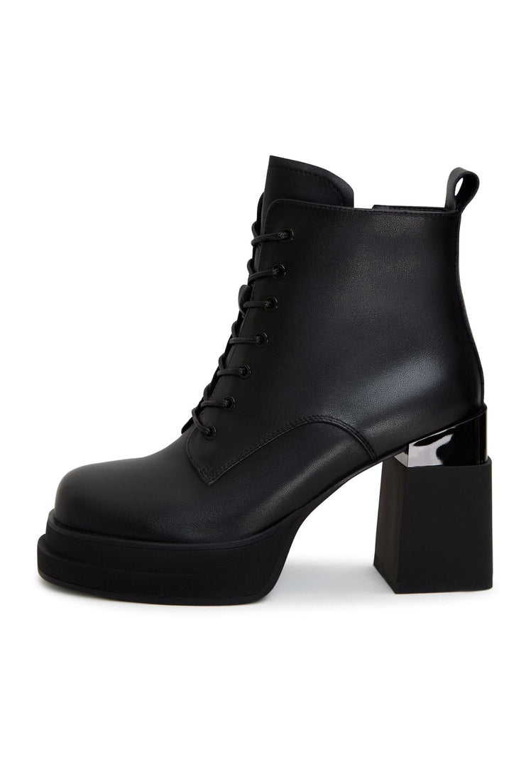 A stylish pair of black leather ankle boots with a trendy block heel design, perfect for any outfit.