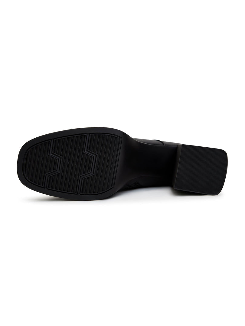 A stylish pair of black leather ankle boots with a chic block heel, perfect for any outfit or occasion.