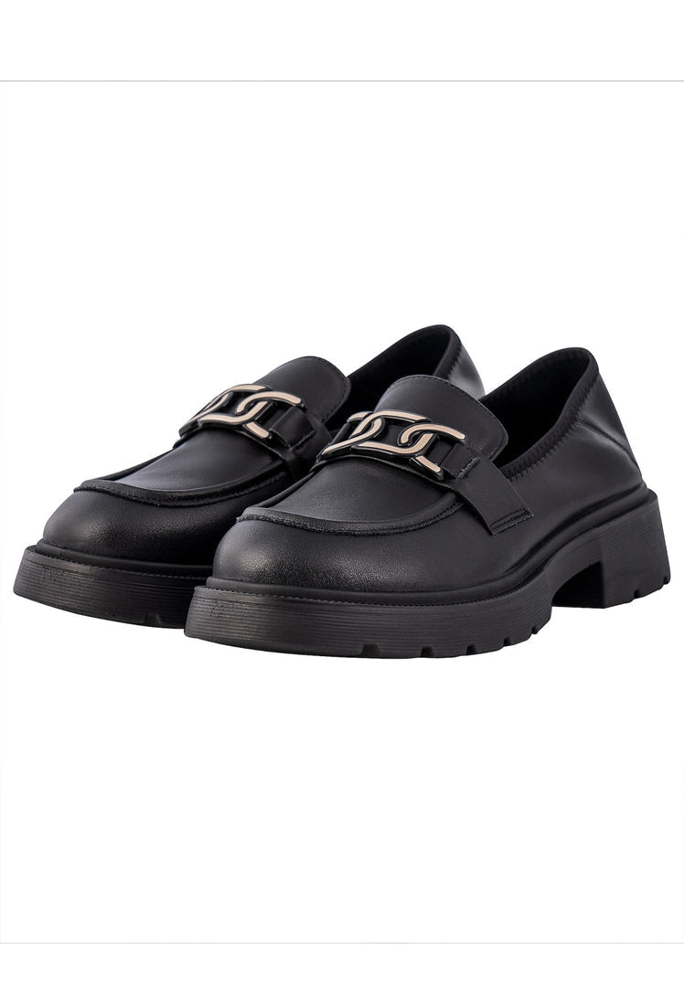 Pair of black platform loafers by Juana, stylish women's footwear for an elegant look. Classic designer flats that elevate any outfit.