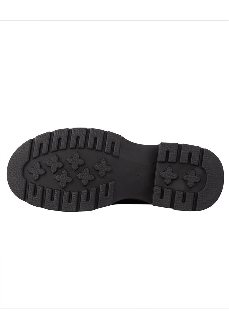 A stylish pair of black designer platform loafers by Juana, the perfect choice for women's footwear with a touch of elegance and sophistication.