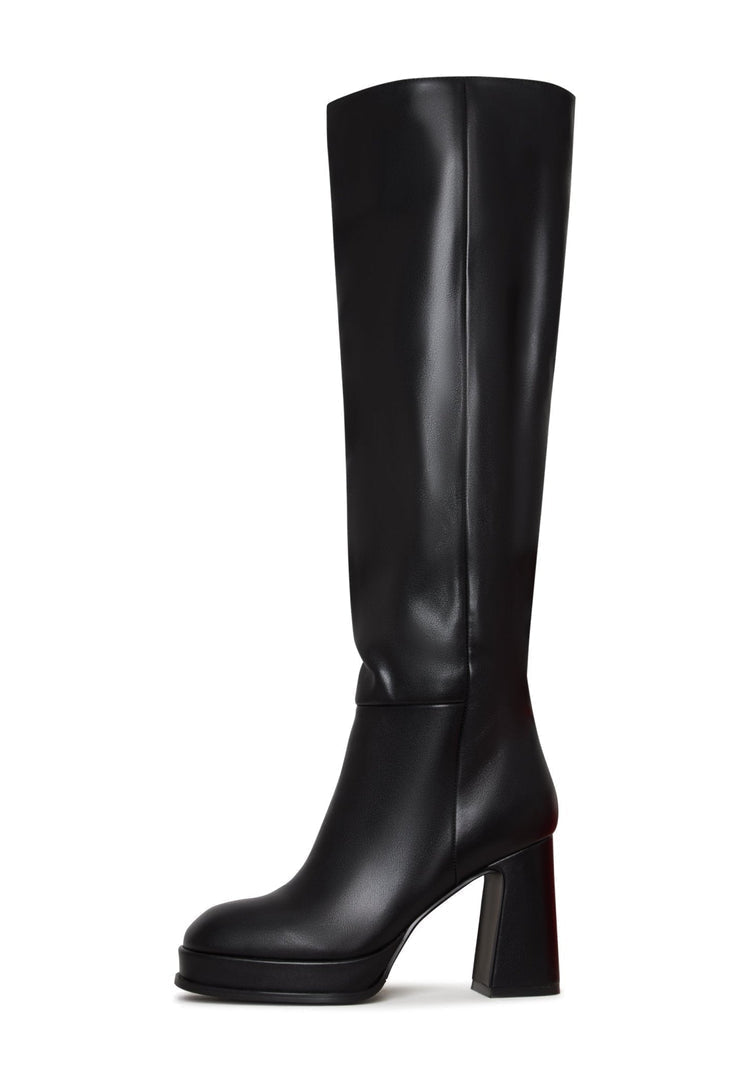 A pair of luxurious black leather over-the-knee boots, perfect for a high-end and designer look.