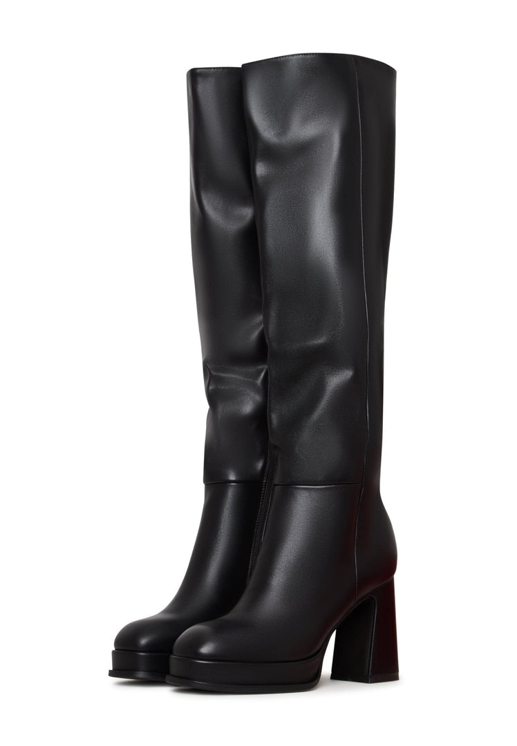 A pair of luxurious over-the-knee black leather boots, crafted to perfection by a high-end designer.
