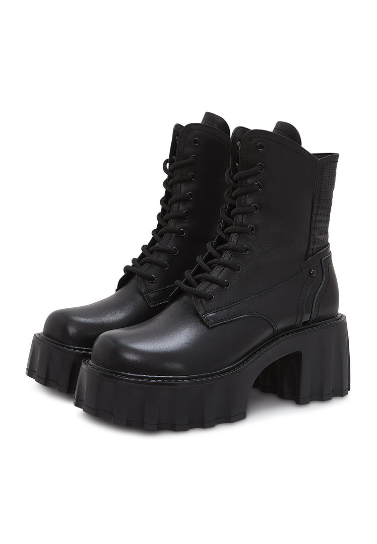 A trendy pair of black combat platform boots, known as Lais boots, perfect for adding a touch of edgy style to any outfit, a must-have in fashion boots collection.