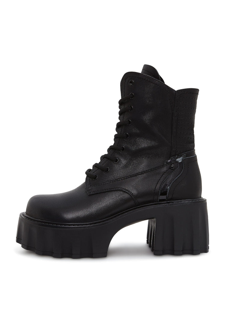 A stylish pair of black combat boots with platform heels, perfect for a fashion-forward look.