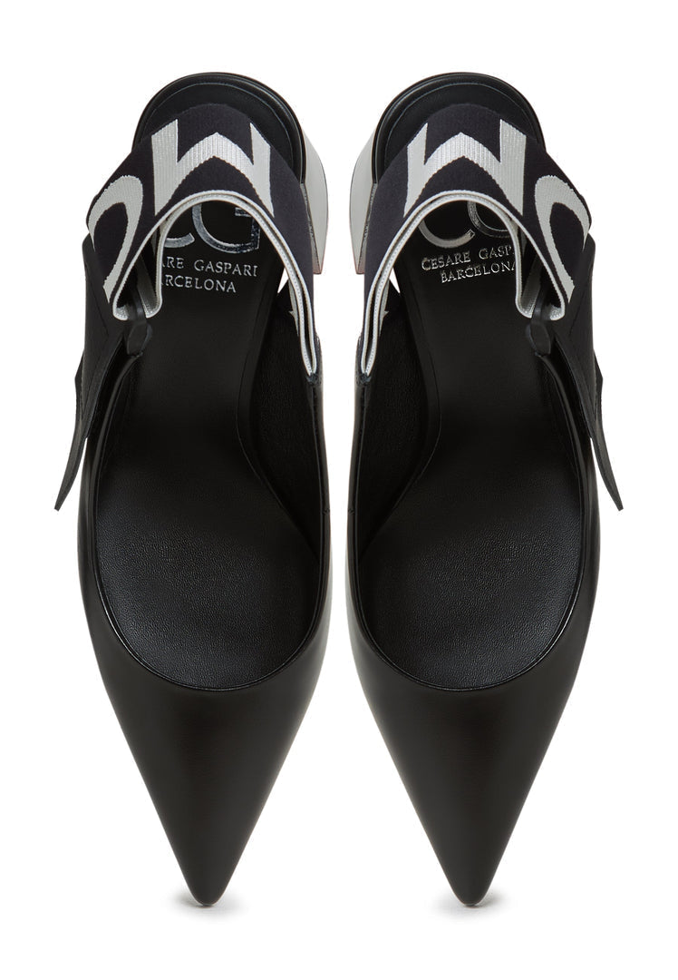 A stylish pair of block heeled slingback pumps in black, known as the Jimena pumps, a must-have in women's footwear.