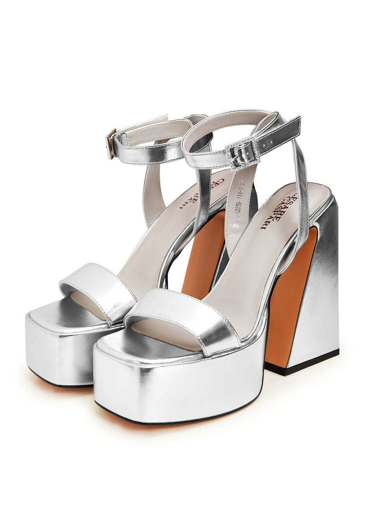 Elevated elegance silver sandals for sale - a glamorous pair of strappy silver sandals perfect for adding a touch of sophistication to any outfit.