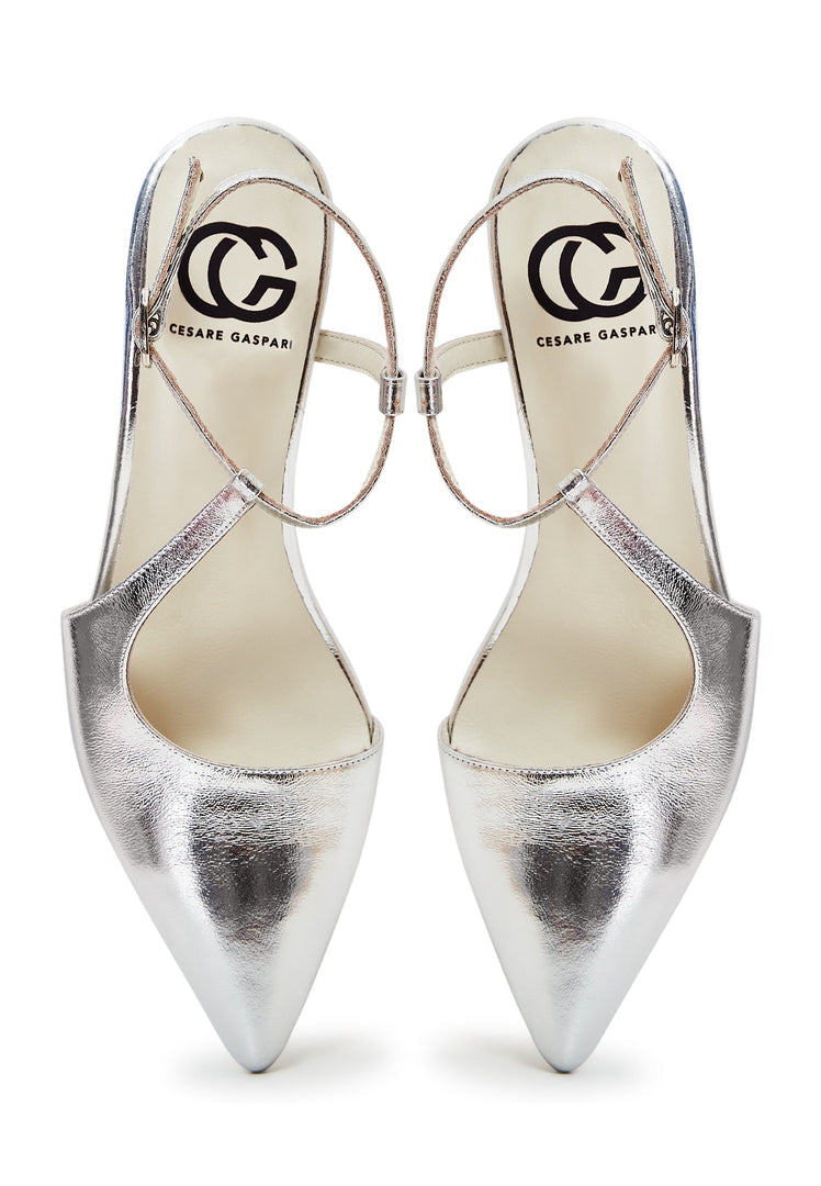 A pair of elegant silver pumps, the perfect blend of luxury and style for women's high-end footwear.