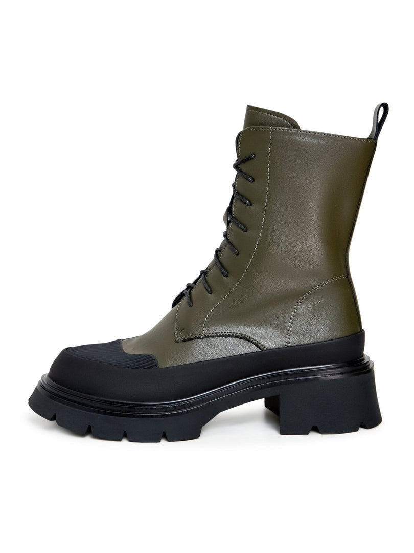A stylish pair of suede lace-up ankle boots, perfect for a casual and trendy look.