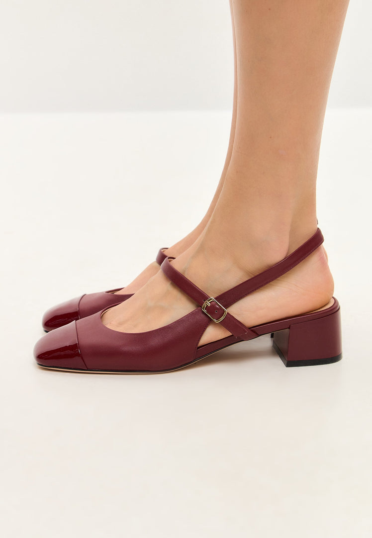 A chic and elegant pair of Bordeaux slingback block heels, also known as Marisol pumps for women.