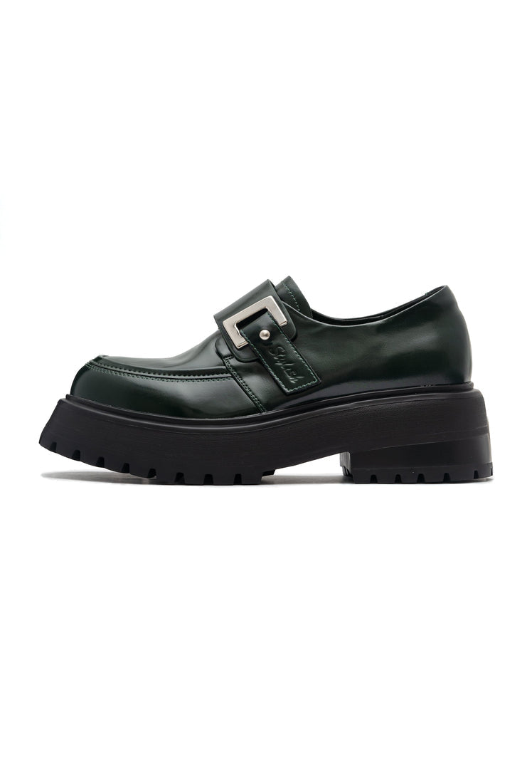 A chic pair of stylish green leather loafers, perfect for men and women looking for premium, fashionable footwear.