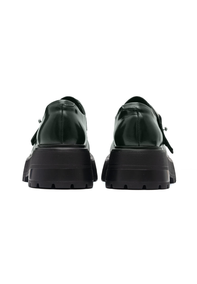 A pair of fashionable green leather loafers, perfect for both men and women, showcasing stylish and premium design.