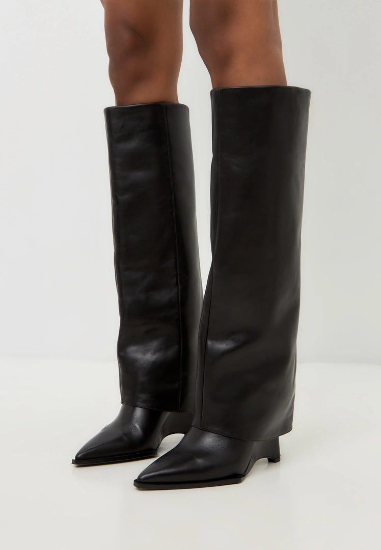 A trendy pair of black over the knee-high Milady boots, perfect for women's fashion with a sleek and stylish design.
