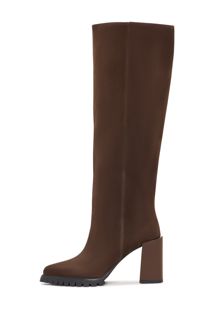 A pair of bold brown block heel knee-high Nala boots, the perfect choice for women's fashion footwear.