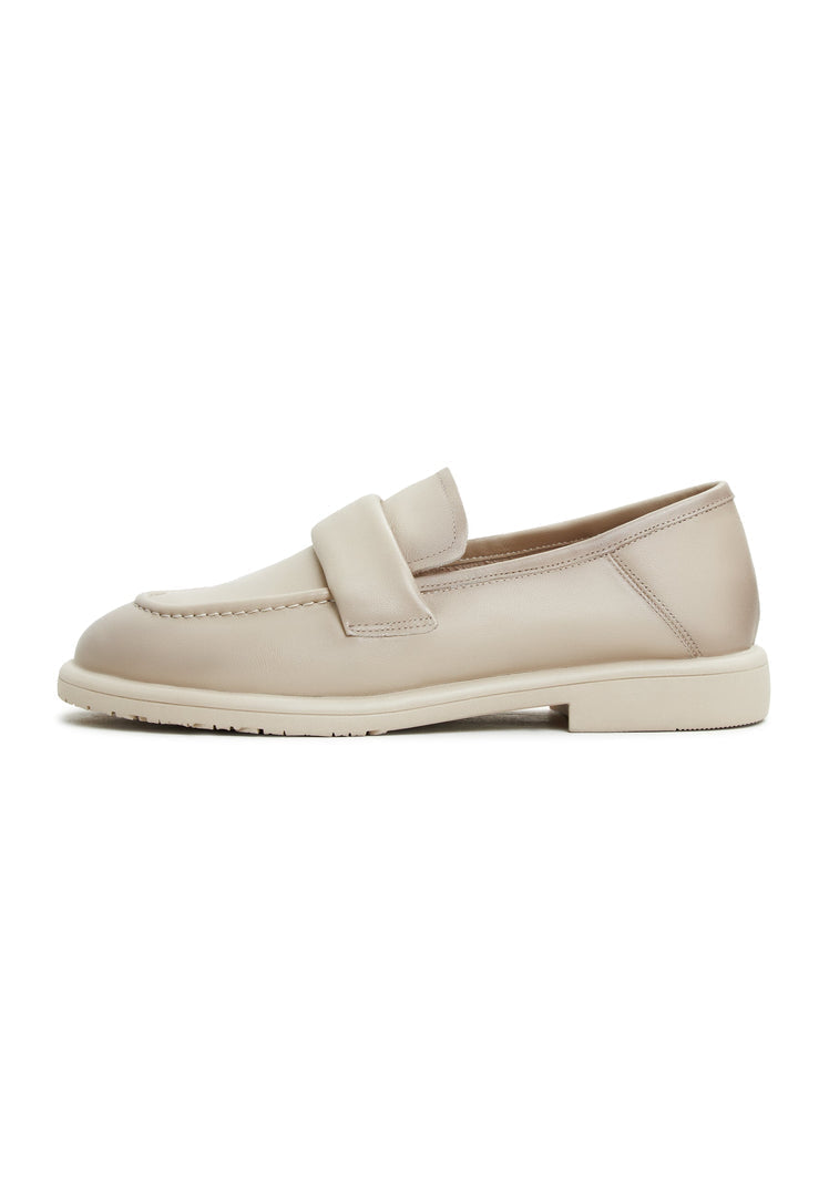 A stylish pair of beige block heeled loafers known as Stephanie loafers, perfect for women's fashion.