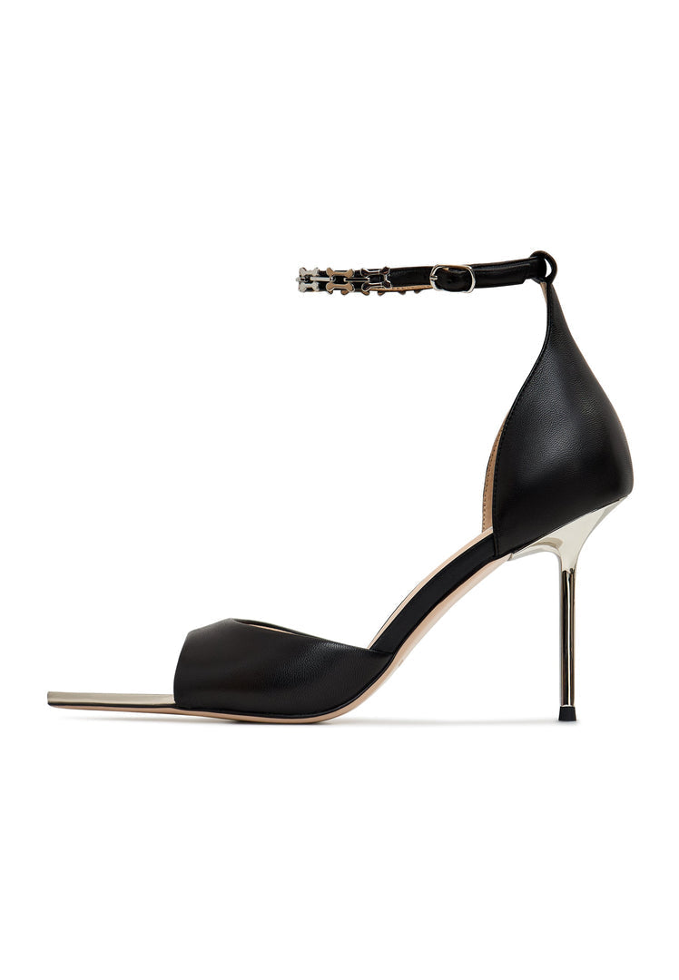 A stylish pair of black stiletto high heel sandals, perfect for a night out on the town.