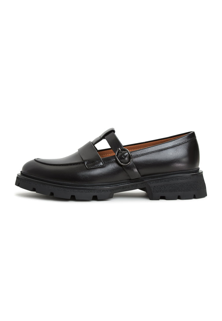 A stylish pair of women's marina loafers in black leather, featuring platform soles for a trendy and comfortable look.