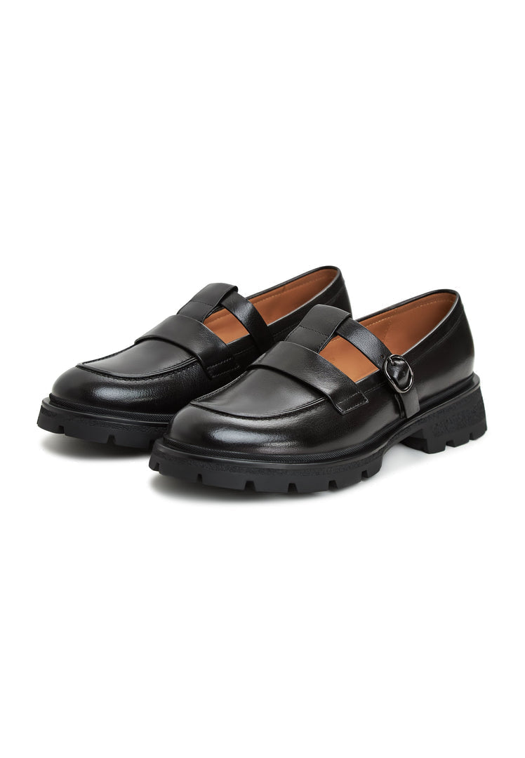 A stylish pair of leather platform loafers, also known as Marina loafers, women's platform slip-on shoes perfect for any outfit.