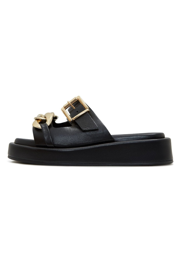 A close-up image of stylish black leather chain sandals, perfect for adding a touch of elegance to any outfit.