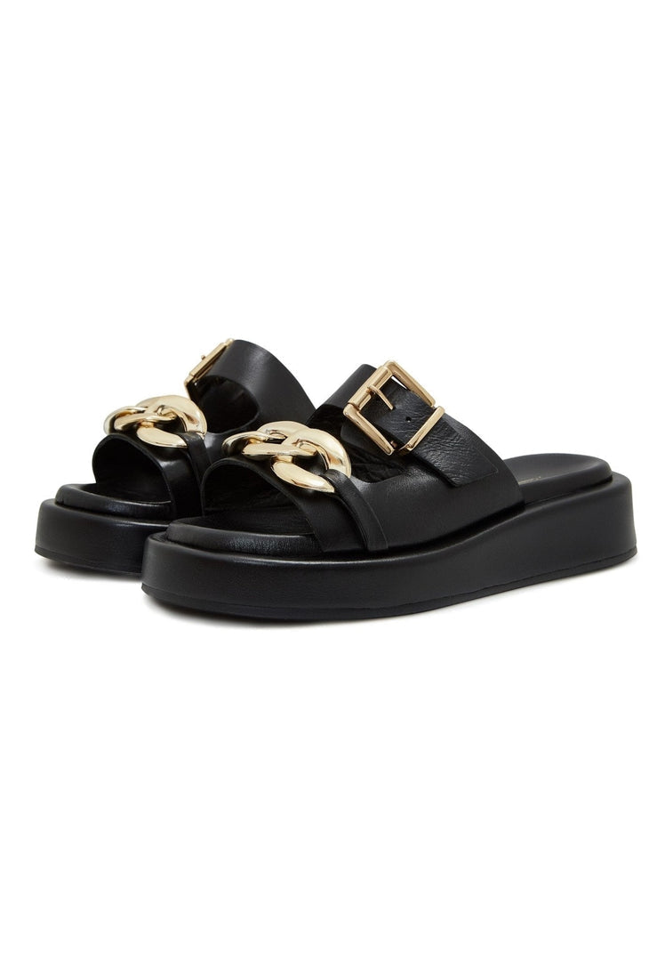 A stylish pair of black leather chain sandals, perfect for a chic and trendy look.