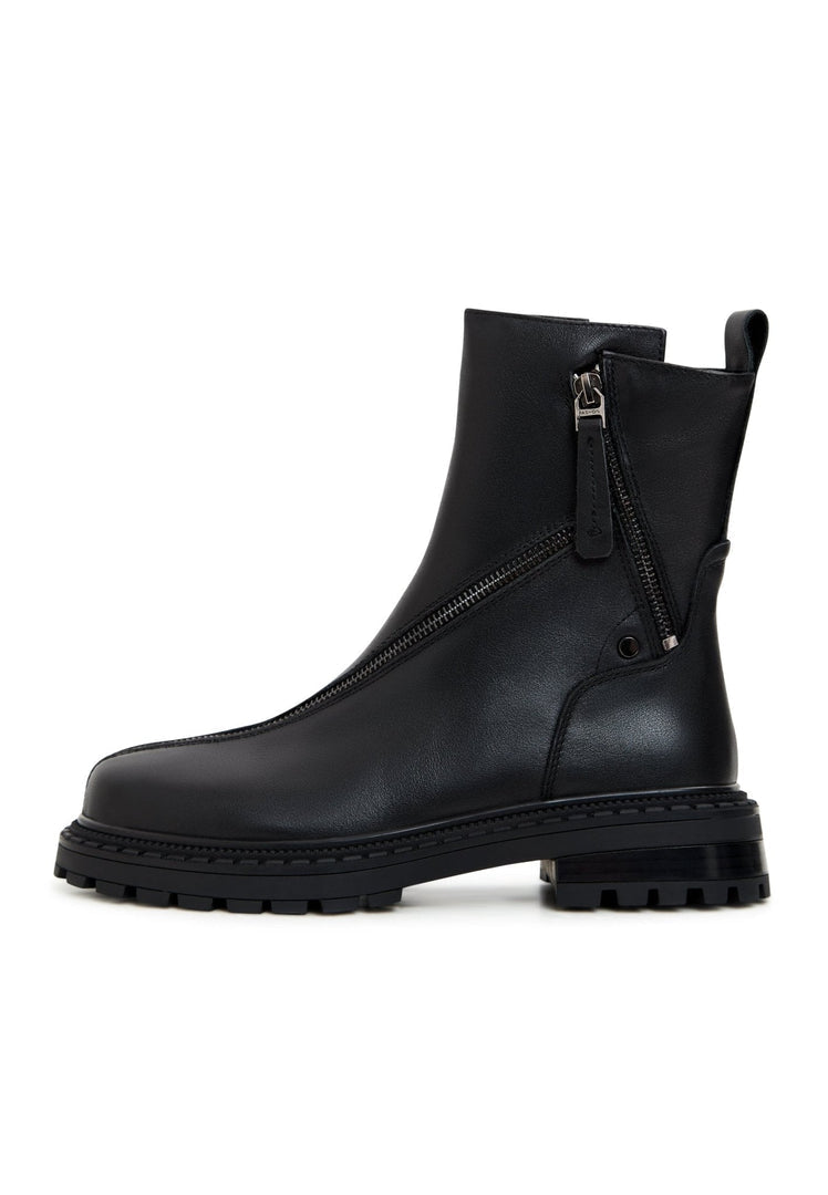 A stylish pair of black platform ankle boots crafted from genuine leather, perfect for fashionable women who love high heel boots.