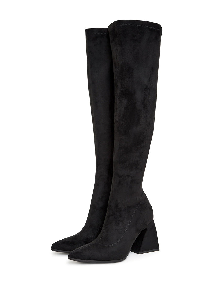 A fashionable pair of designer thigh-high boots in high-end suede, perfect for a luxury women's wardrobe, featuring premium over-the-knee styling in exclusive suede footwear.