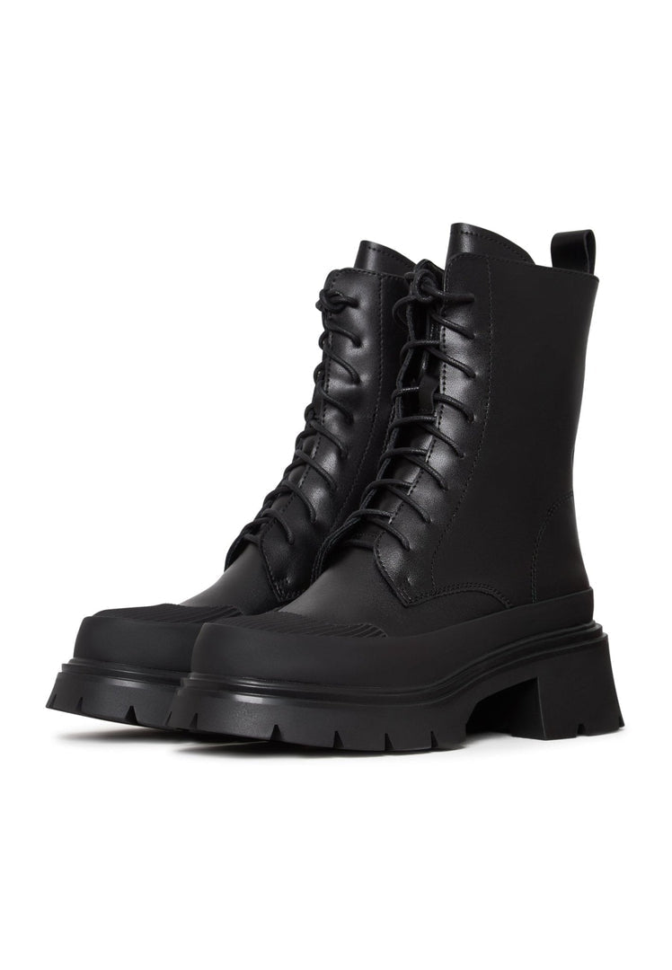 A pair of stylish black suede lace-up ankle boots, perfect for casual wear.