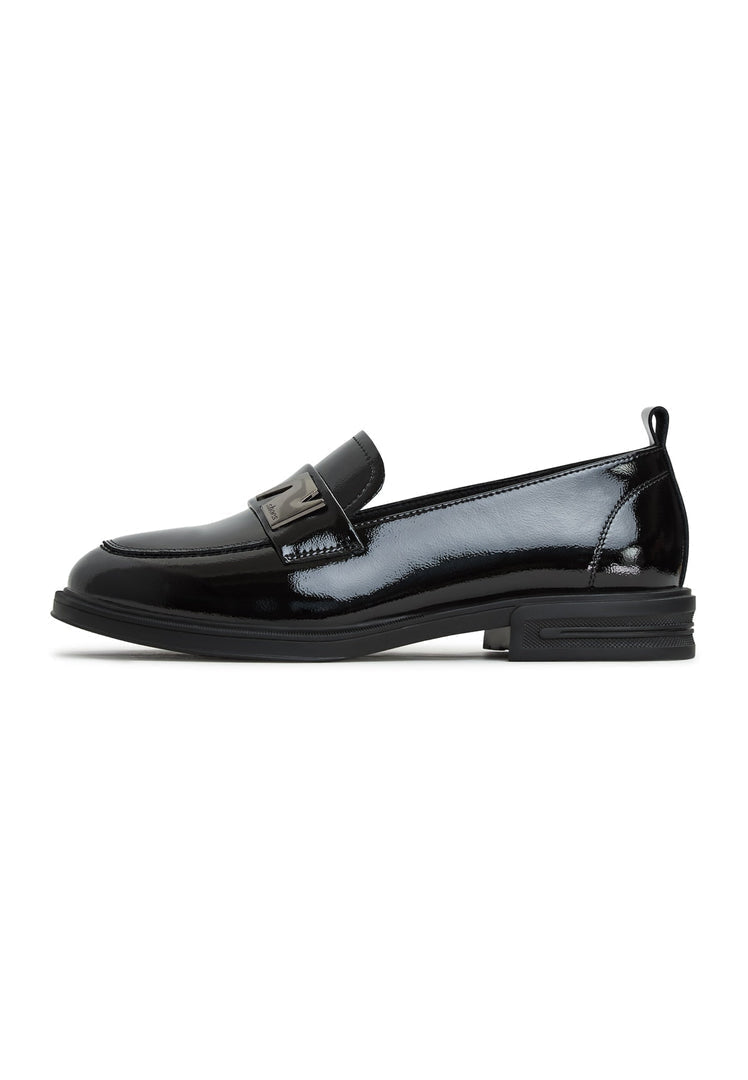 A stylish pair of black block heel loafers for women, perfect for both fashion and comfort.