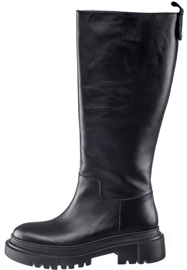 A stylish pair of knee-high black leather boots for women, known as the Anastasia Black boots, featuring high-quality leather craftsmanship.