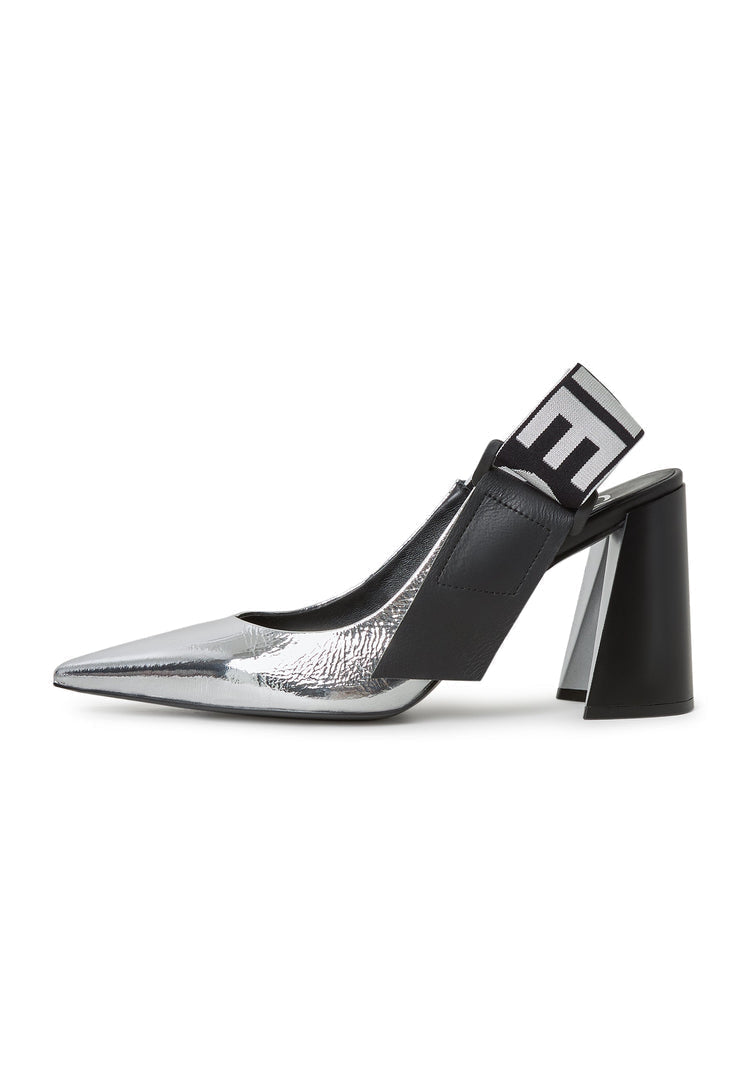 A stylish pair of silver slingback block heeled pumps known as Jimena pumps, the perfect addition to any women's footwear collection.