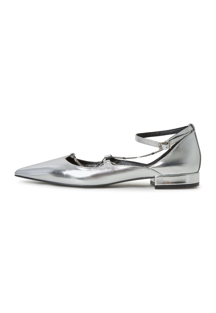 A pair of silver leather ballerinas with a sleek and stylish design, perfect for women looking for Clara ballet flats or silver flat shoes.