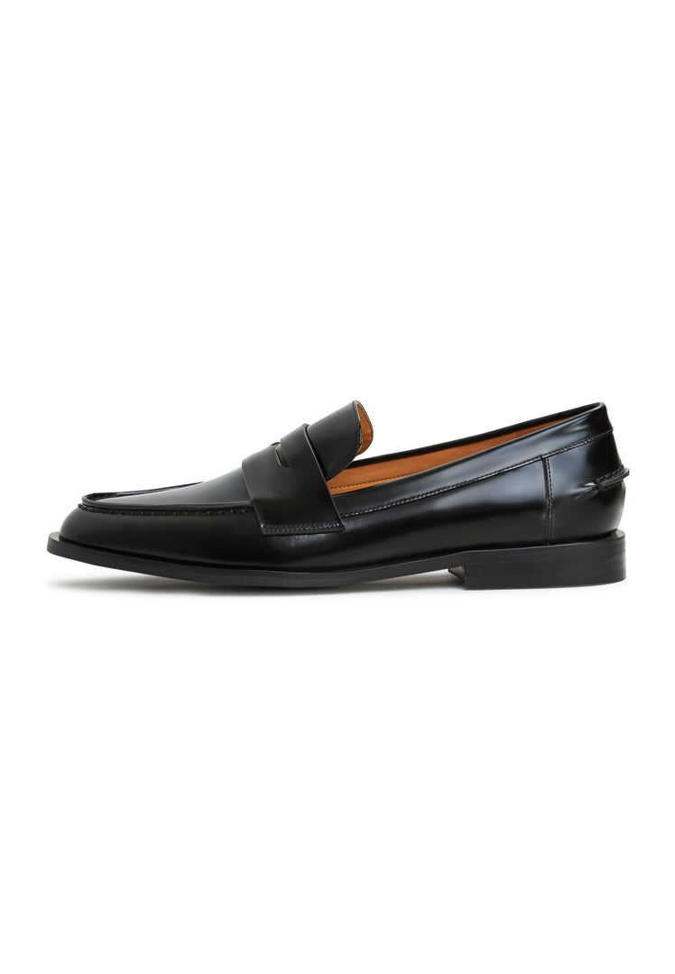 A chic selection of women's loafers including patent black loafers, leather block heels, and block heeled loafers in black patent finish.