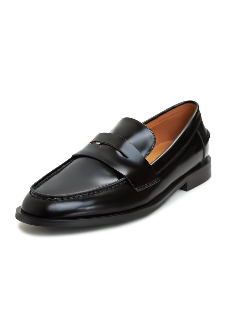 A stylish pair of women's black patent leather block-heeled loafers, perfect for a chic and sophisticated look.