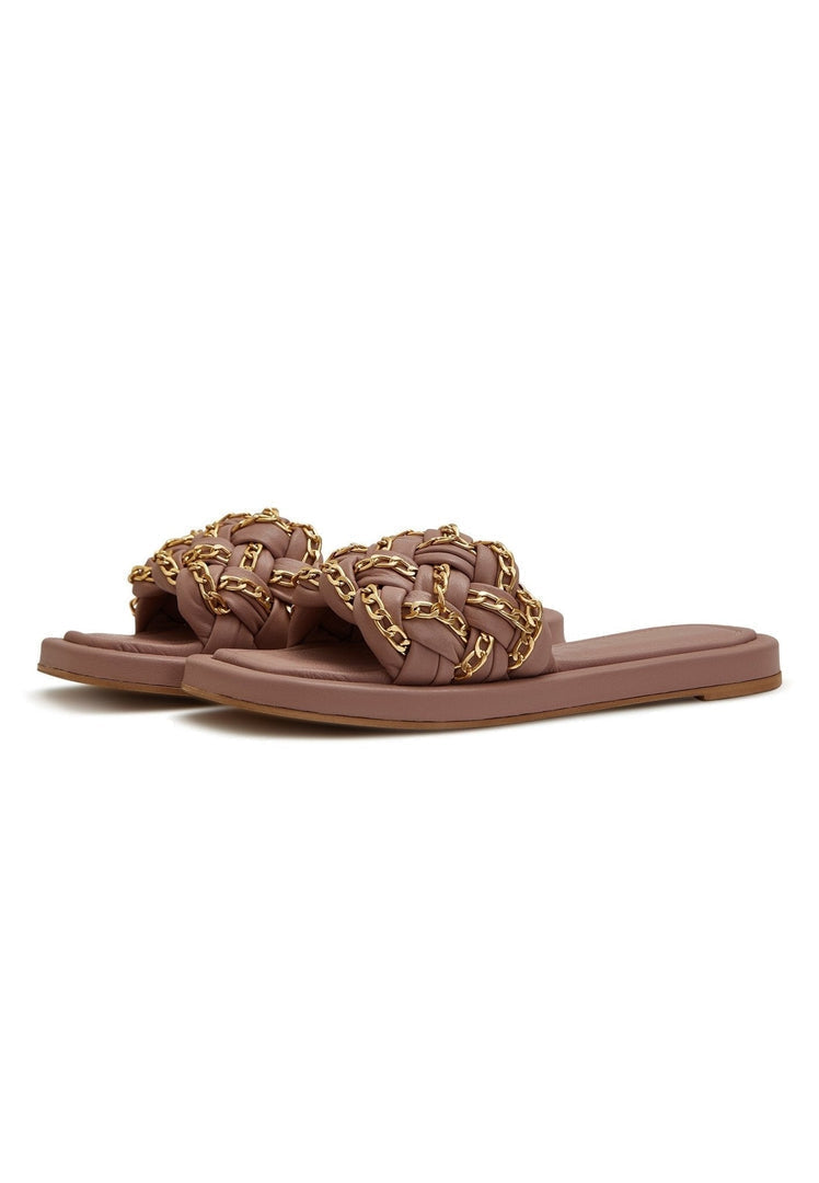A stylish pair of beige chain leather sandals for women, perfect for summer strolls and casual outings.