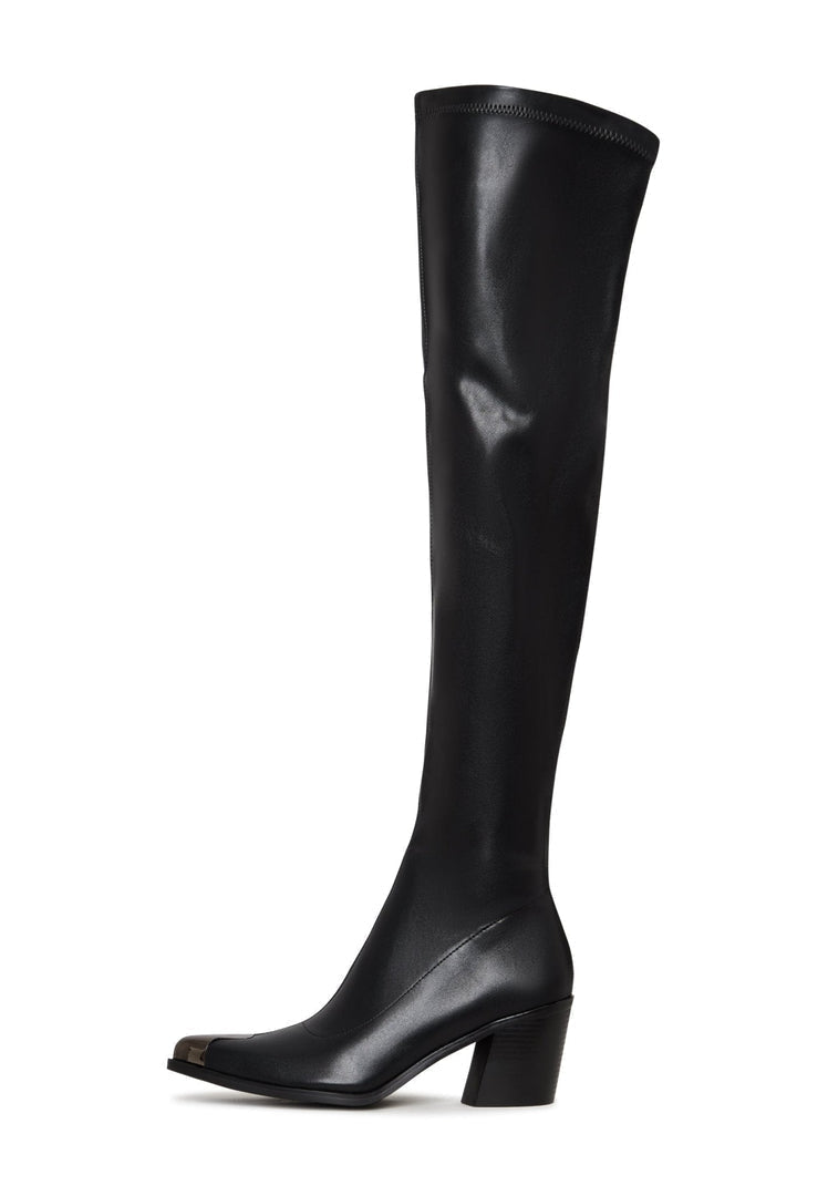A chic pair of sleek knee-high leather boots with high heels.