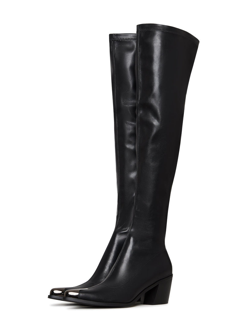 A pair of stylish high-heeled leather knee-high boots, perfect for a sleek and fashionable look.