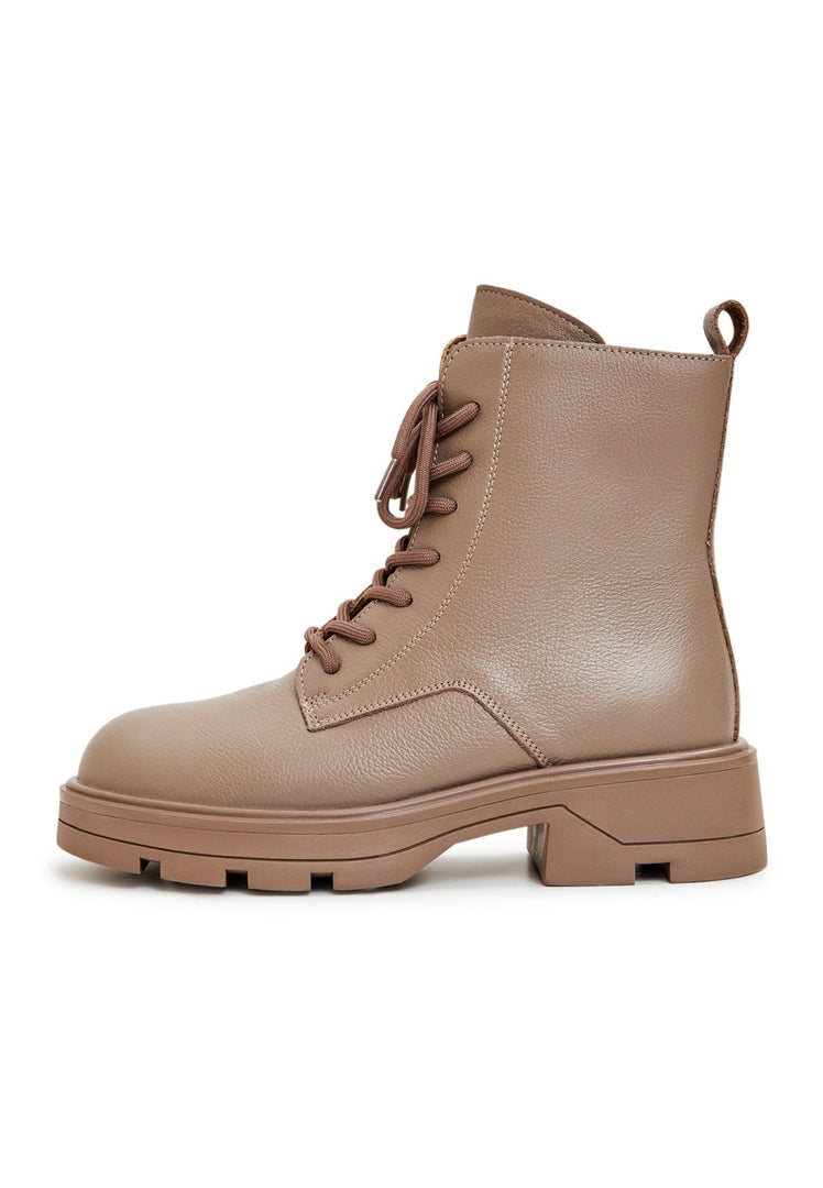 A stylish pair of women's brown lace-up ankle boots, perfect for casual or fashion-forward outfits.