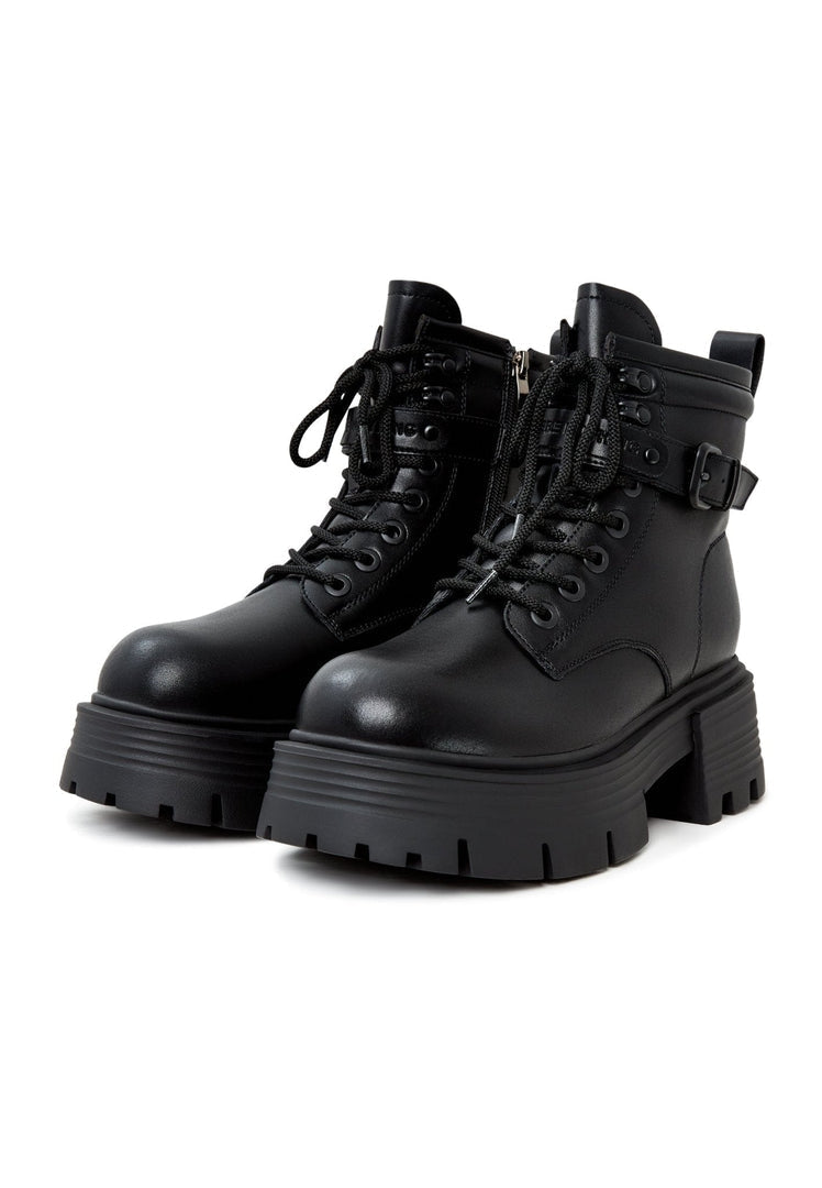 A pair of elegant black platform ankle boots for women, a stylish choice to elevate any outfit.