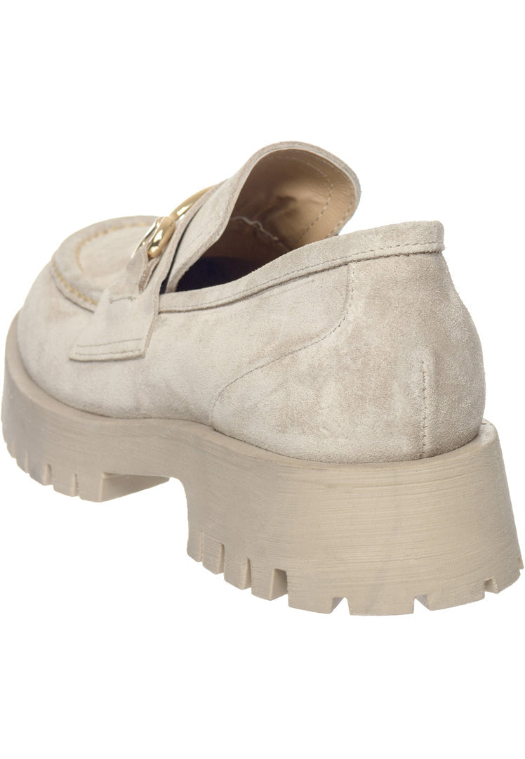 A close-up image of Luxe Glide Gold-Bit Loafers, Josephine Beige shoes, luxurious women's designer loafers in beige leather with gold bits.