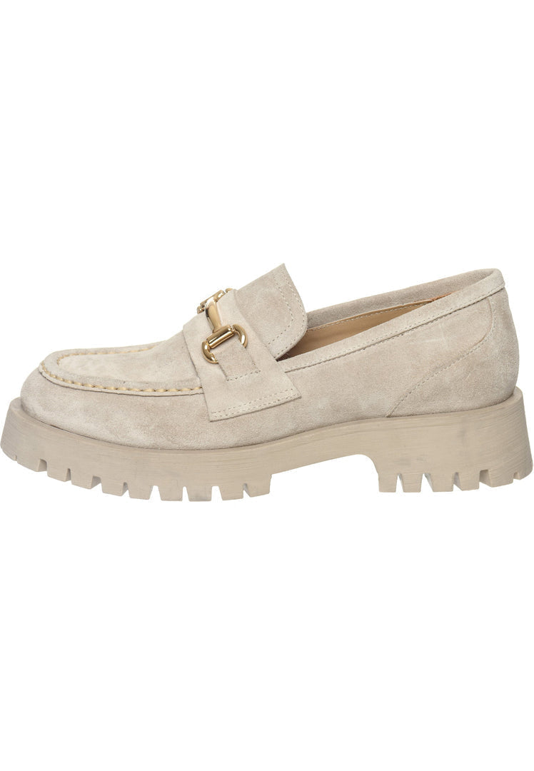 A stylish pair of Women's designer loafers, the Luxe Glide Gold-Bit Loafers in Josephine Beige, offering luxury gold-bit footwear in comfortable beige leather slip-on style.