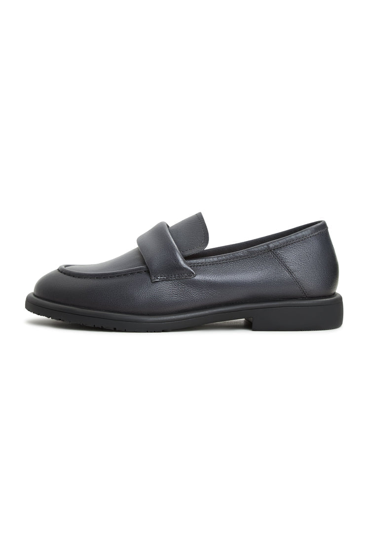 A stylish pair of Stephanie grey block heeled loafers, a chic choice for women who love slip-on comfort and style from the Stephanie brand.