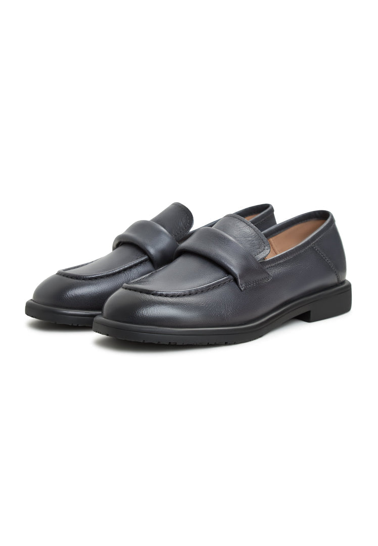 A modern pair of grey block heeled loafers by Stephanie, perfect for women seeking stylish slip-on comfort.