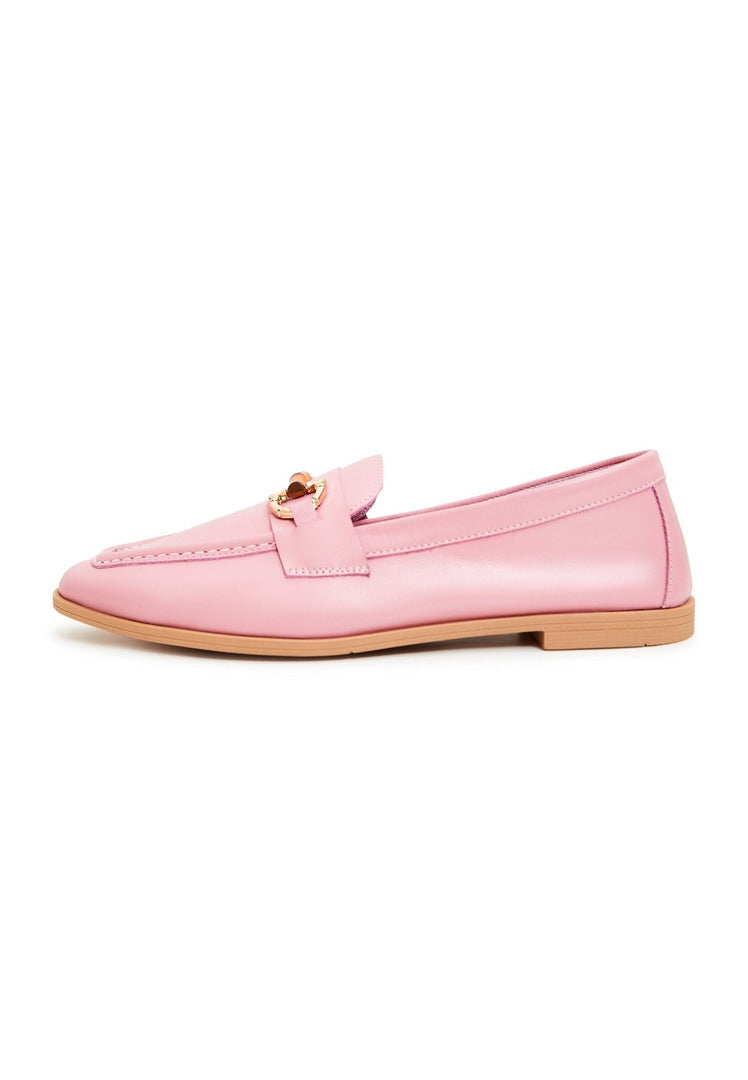 A stylish pair of women's designer leather loafers in high quality pink footwear.